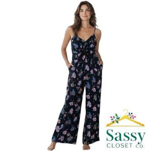 Anthropologie Black Floral Jumpsuit Sz S V-Neck Wide Leg RN#66170 EUC